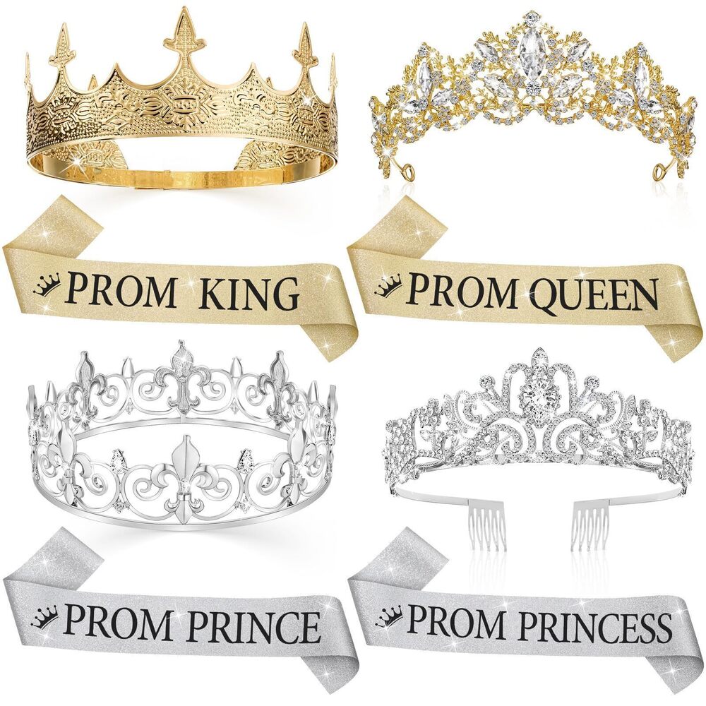 1826 8 Pcs Homecoming Prom Tiara Sash Set Prom King and Queen Crown Tiara